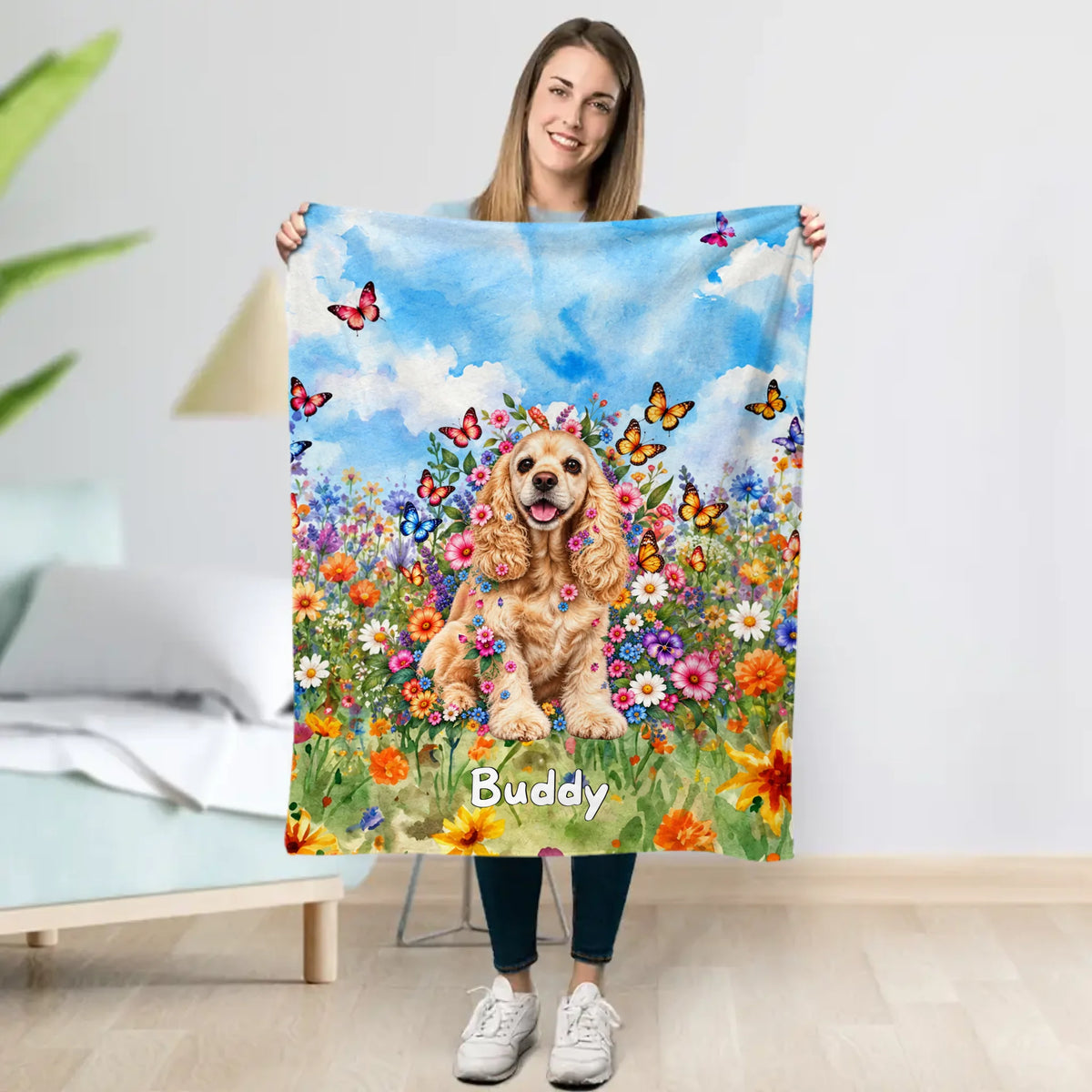 Personalised Blanket - Watercolour Floral Meadow Duo Pets