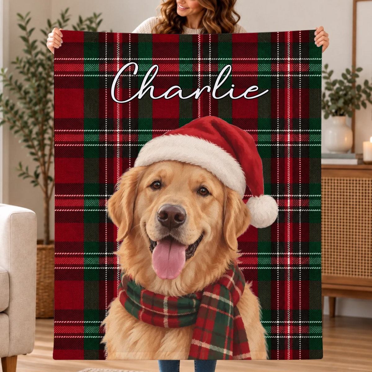 Personalised Blanket - Buffalo Plaid Christmas Dog Portrait