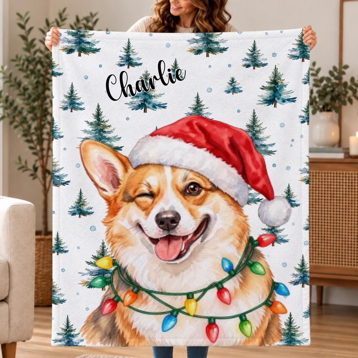 Personalised Blanket - Hand Drawn Christmas Santa Dog