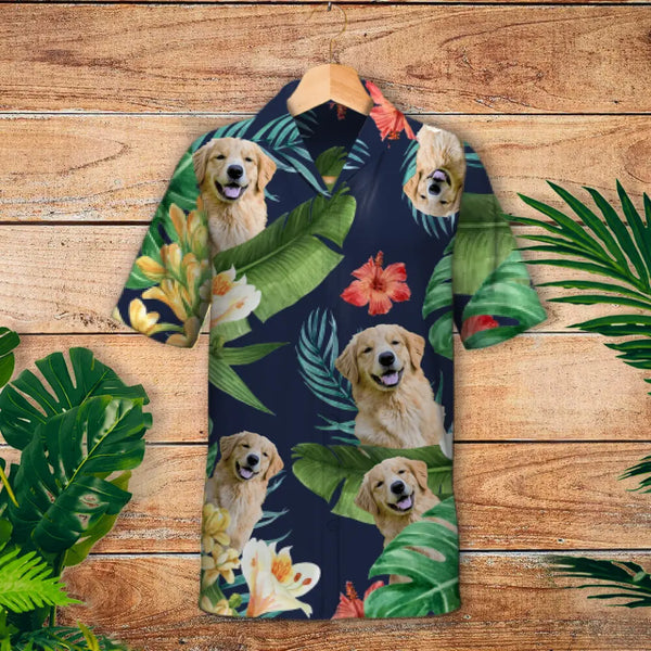 Dog in hawaiian store shirt