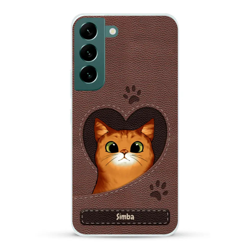 Cat heart leather look - Personalised Phone Case