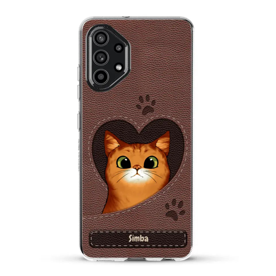 Cat heart leather look - Personalised Phone Case