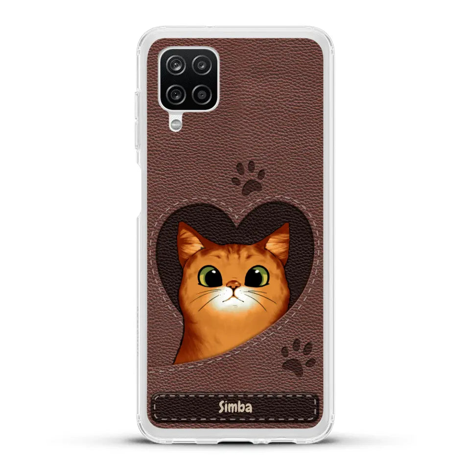 Cat heart leather look - Personalised Phone Case