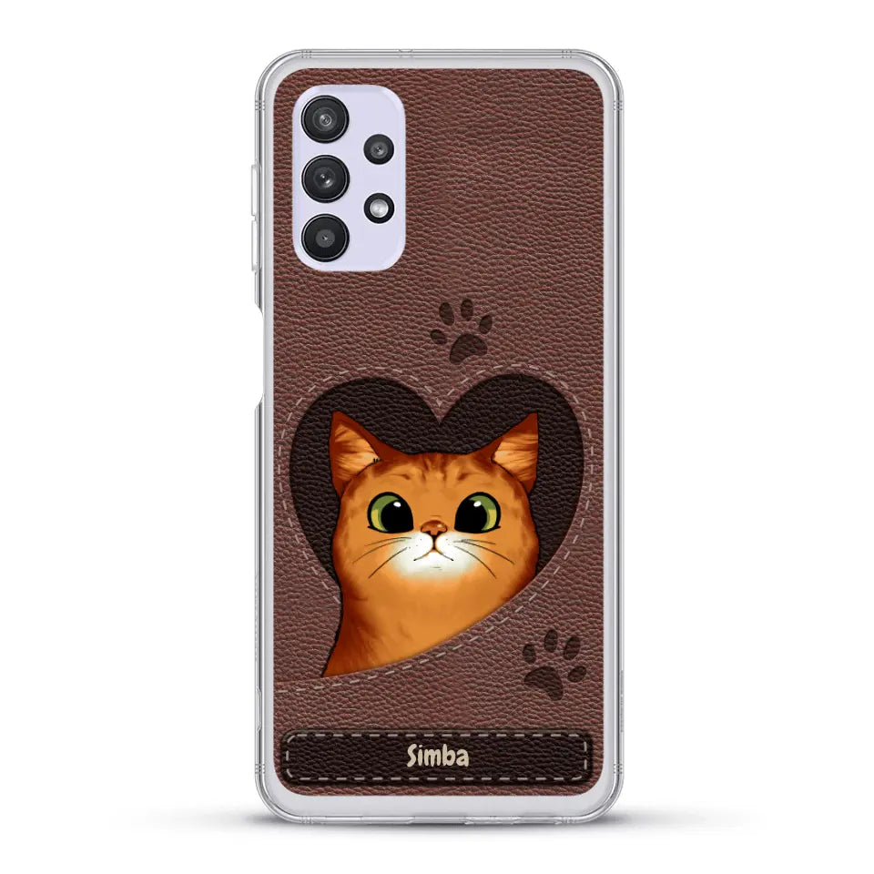 Cat heart leather look - Personalised Phone Case