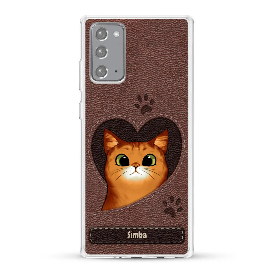 Cat heart leather look - Personalised Phone Case