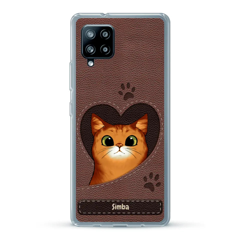 Cat heart leather look - Personalised Phone Case