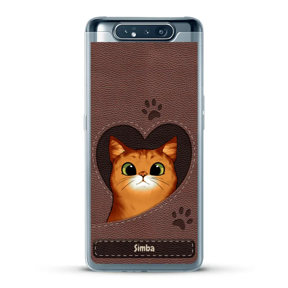 Cat heart leather look - Personalised Phone Case