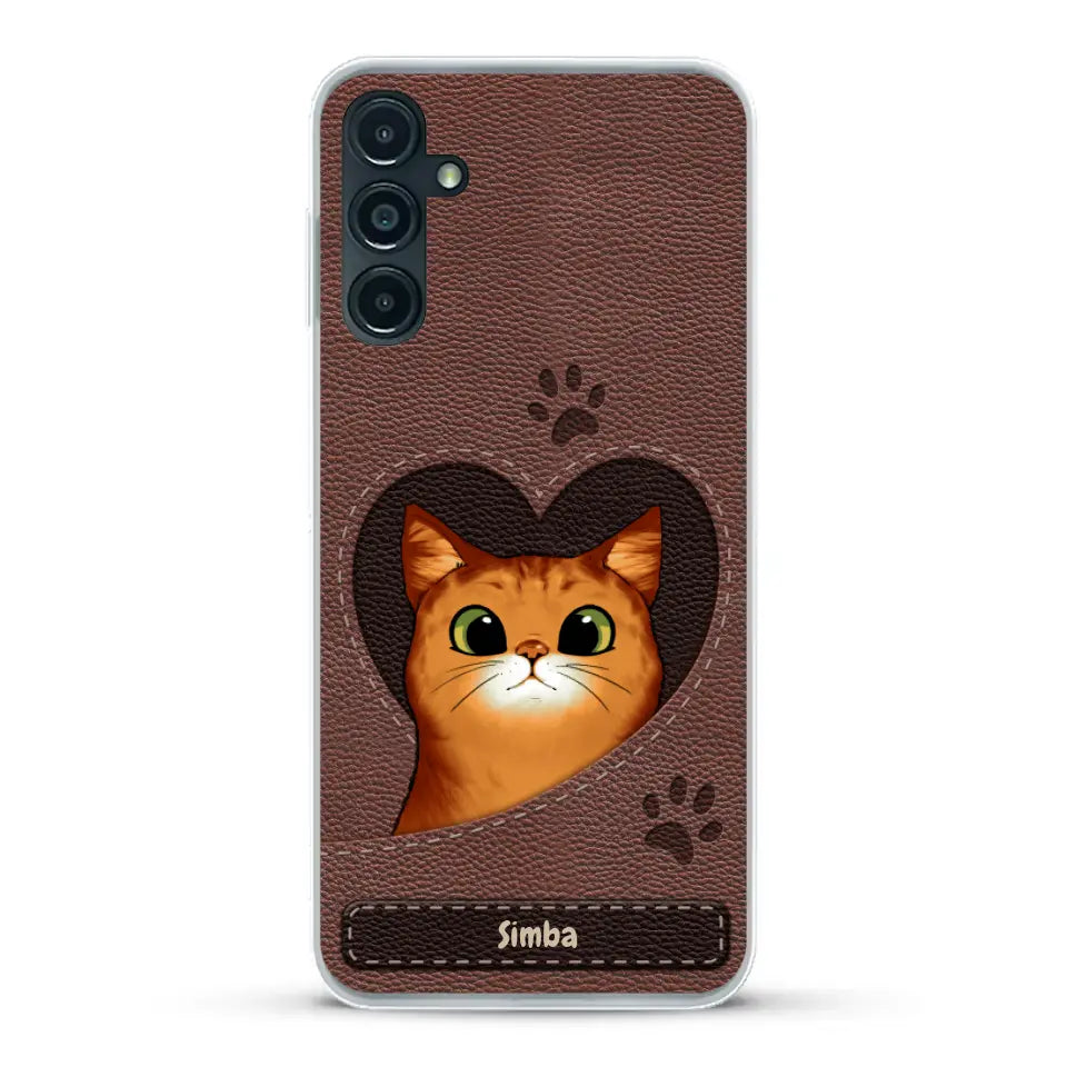 Cat heart leather look - Personalised Phone Case