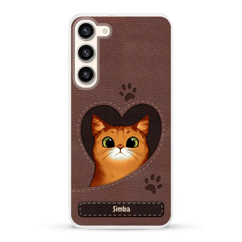 Cat heart leather look - Personalised Phone Case