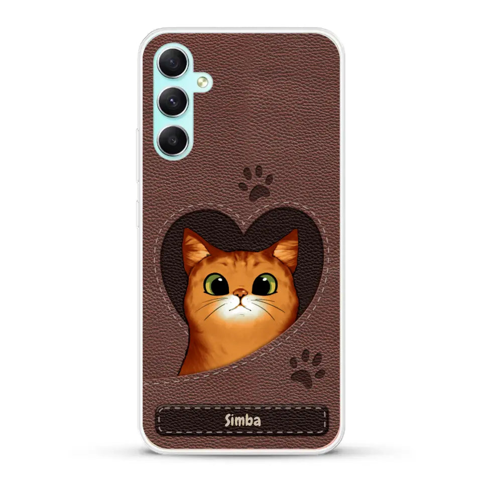 Cat heart leather look - Personalised Phone Case