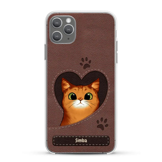 Cat heart leather look - Personalised Phone Case