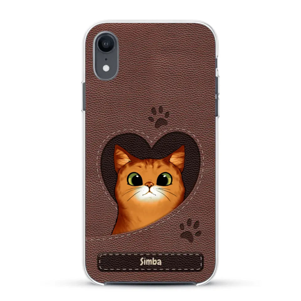 Cat heart leather look - Personalised Phone Case