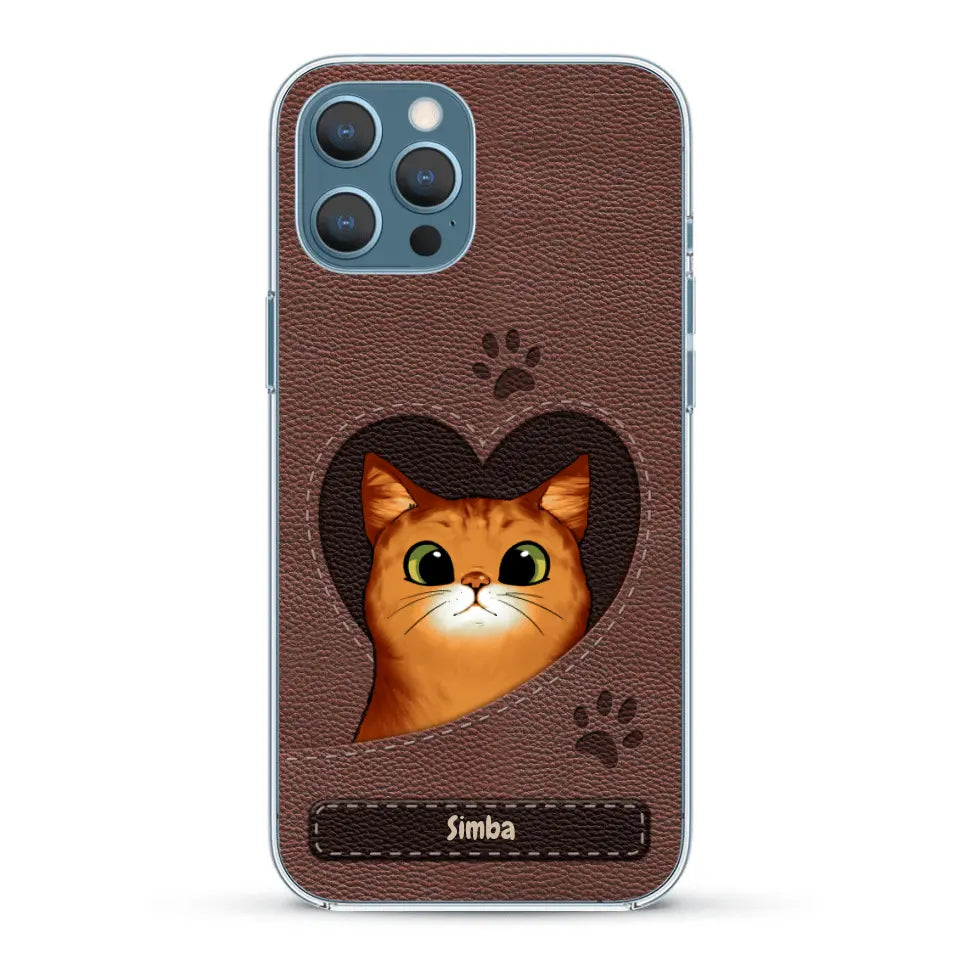 Cat heart leather look - Personalised Phone Case