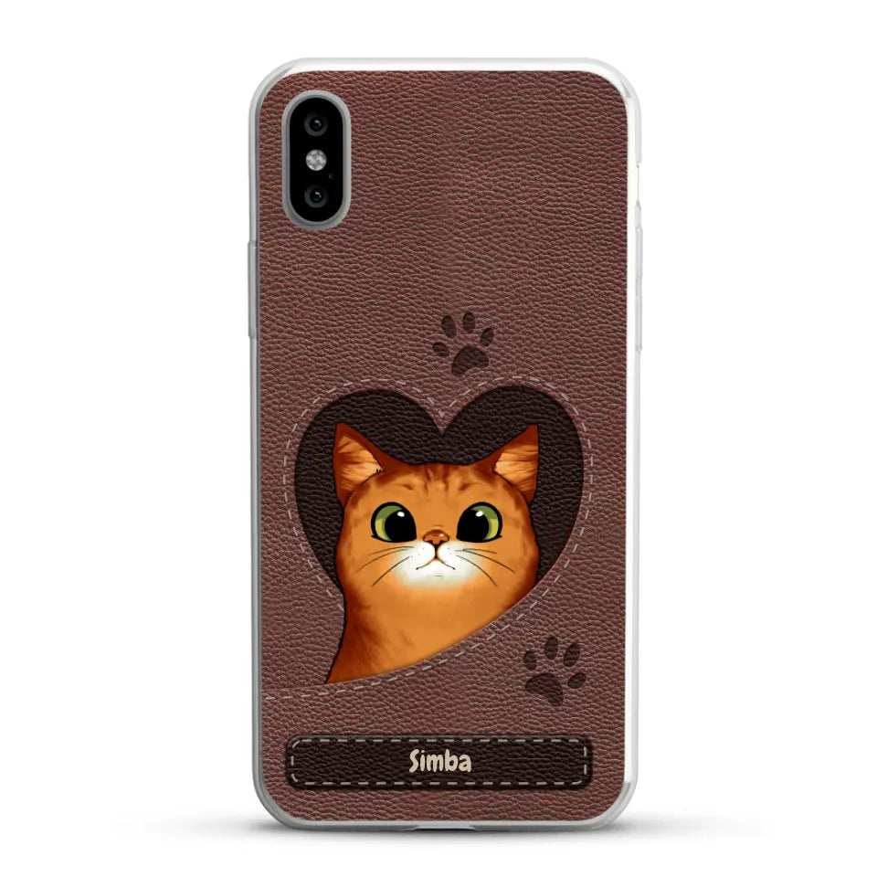 Cat heart leather look - Personalised Phone Case