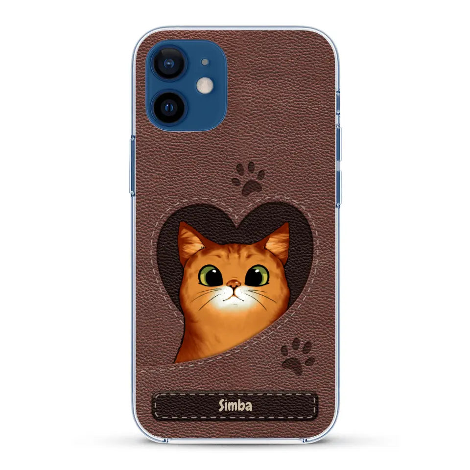 Cat heart leather look - Personalised Phone Case