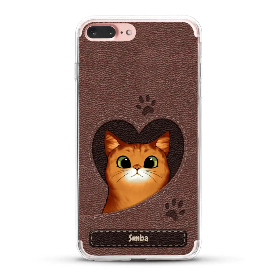 Cat heart leather look - Personalised Phone Case