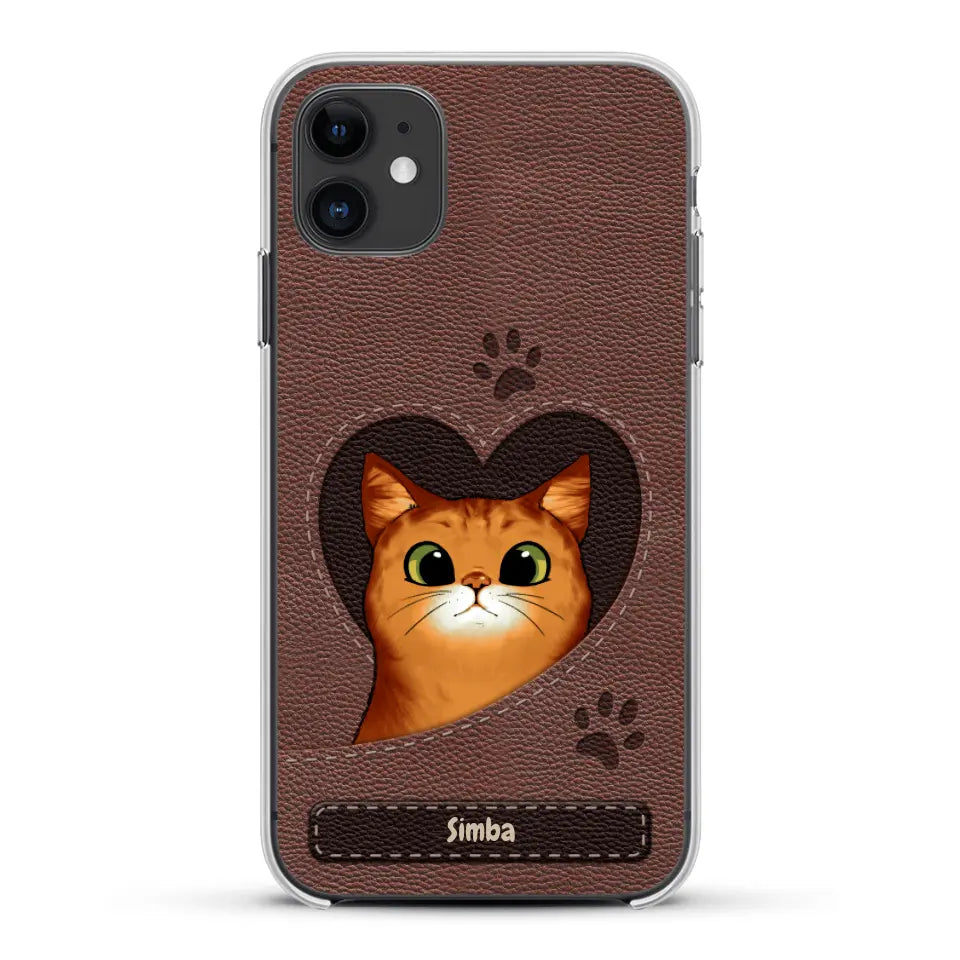 Cat heart leather look - Personalised Phone Case