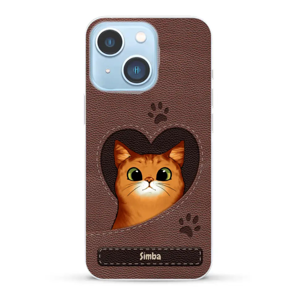 Cat heart leather look - Personalised Phone Case