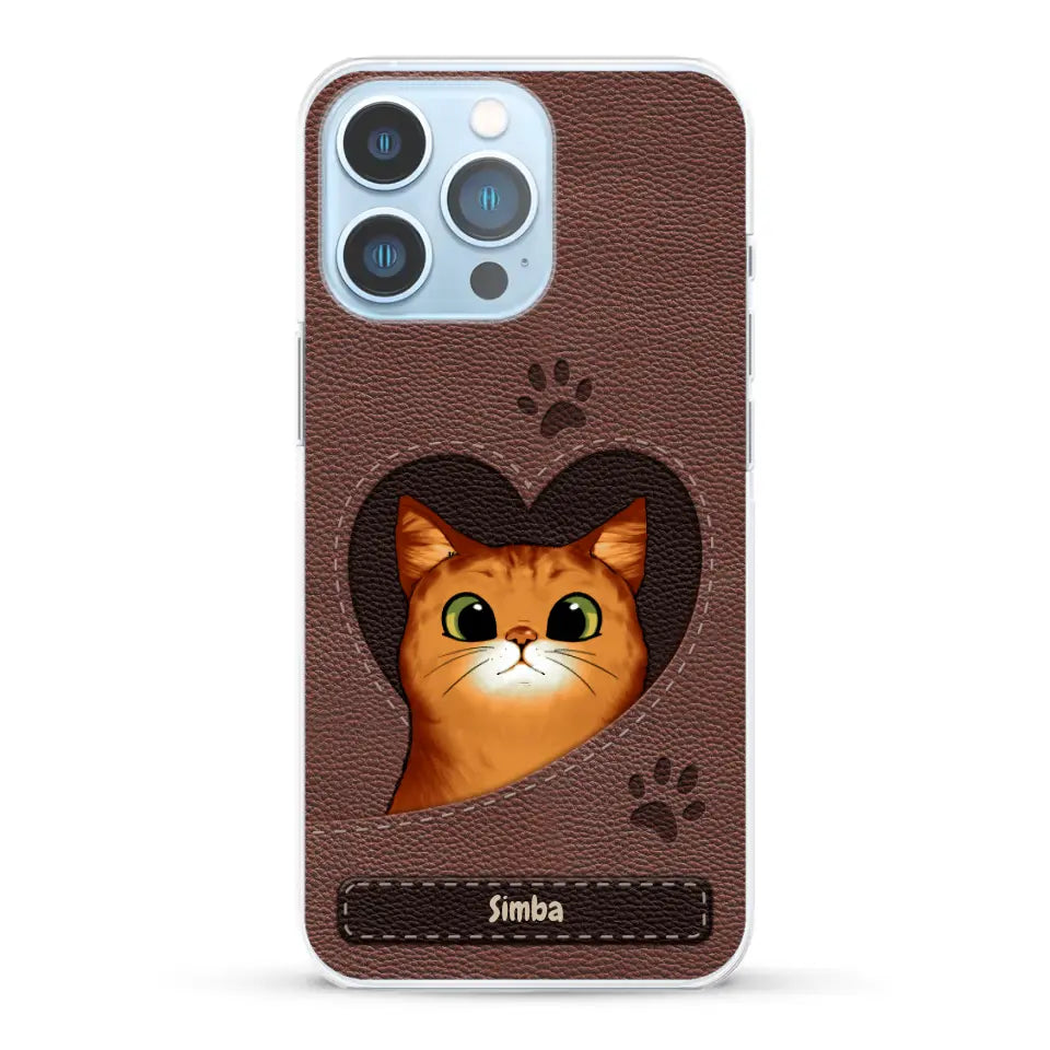 Cat heart leather look - Personalised Phone Case