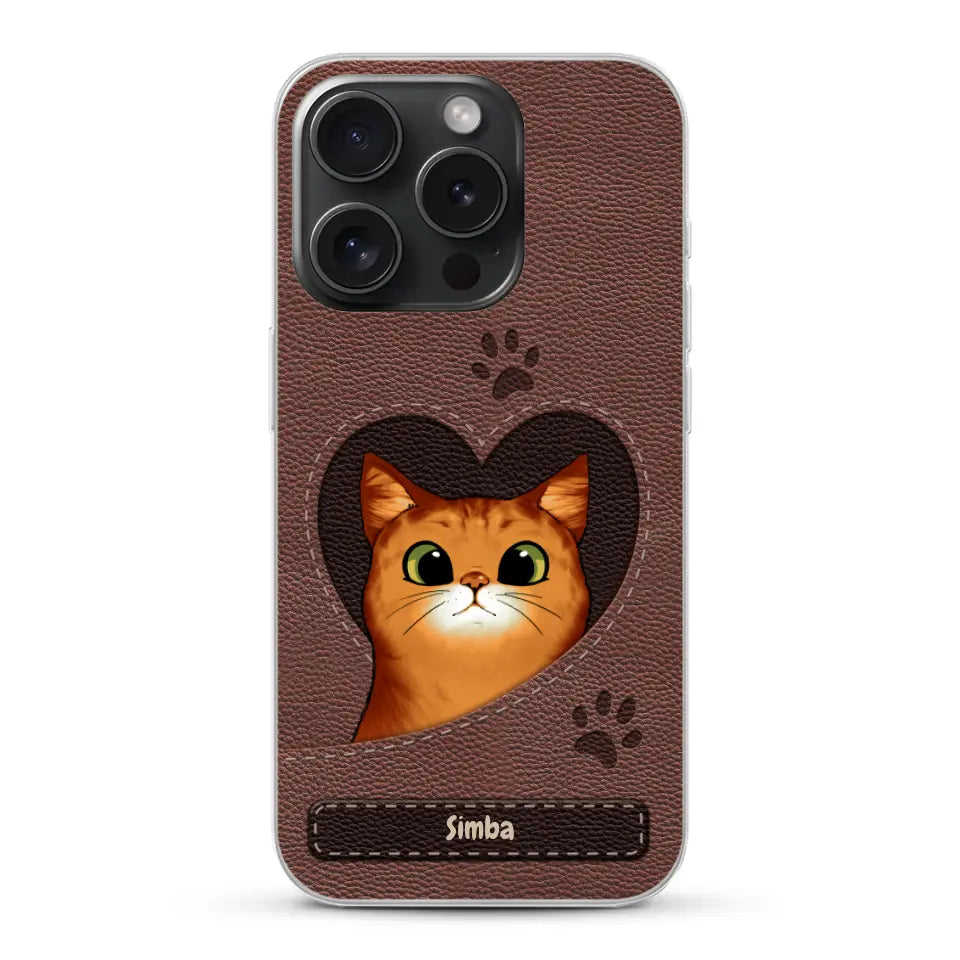 Cat heart leather look - Personalised Phone Case