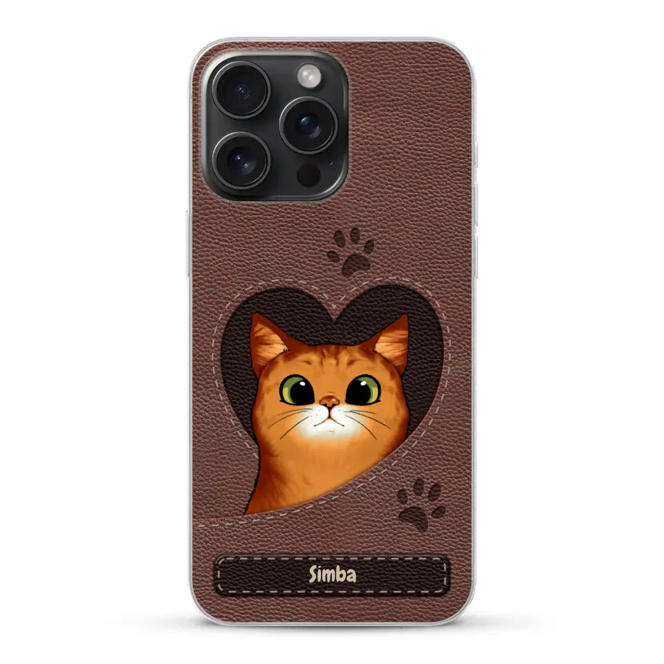 Cat heart leather look - Personalised Phone Case