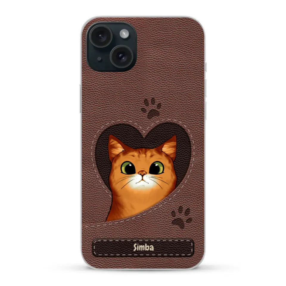 Cat heart leather look - Personalised Phone Case