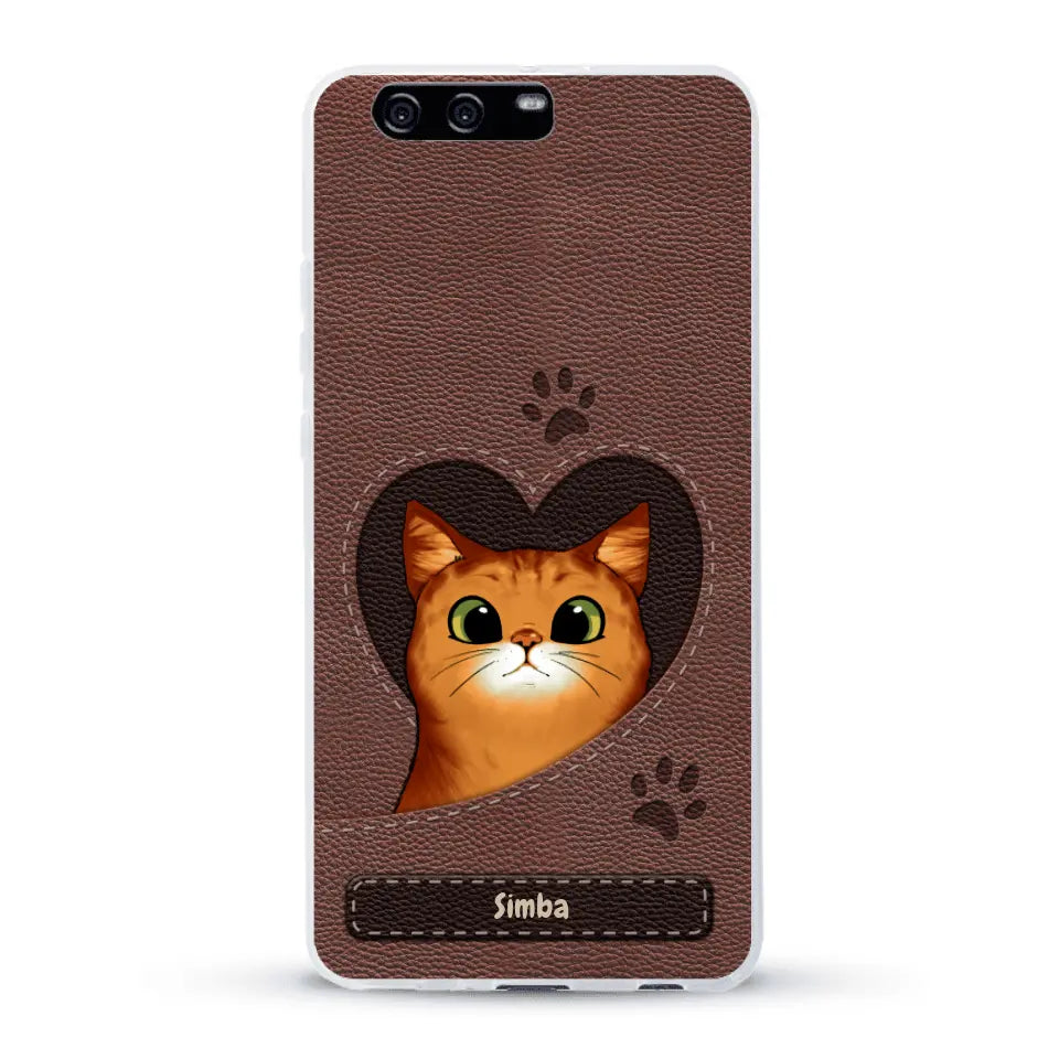 Cat heart leather look - Personalised Phone Case