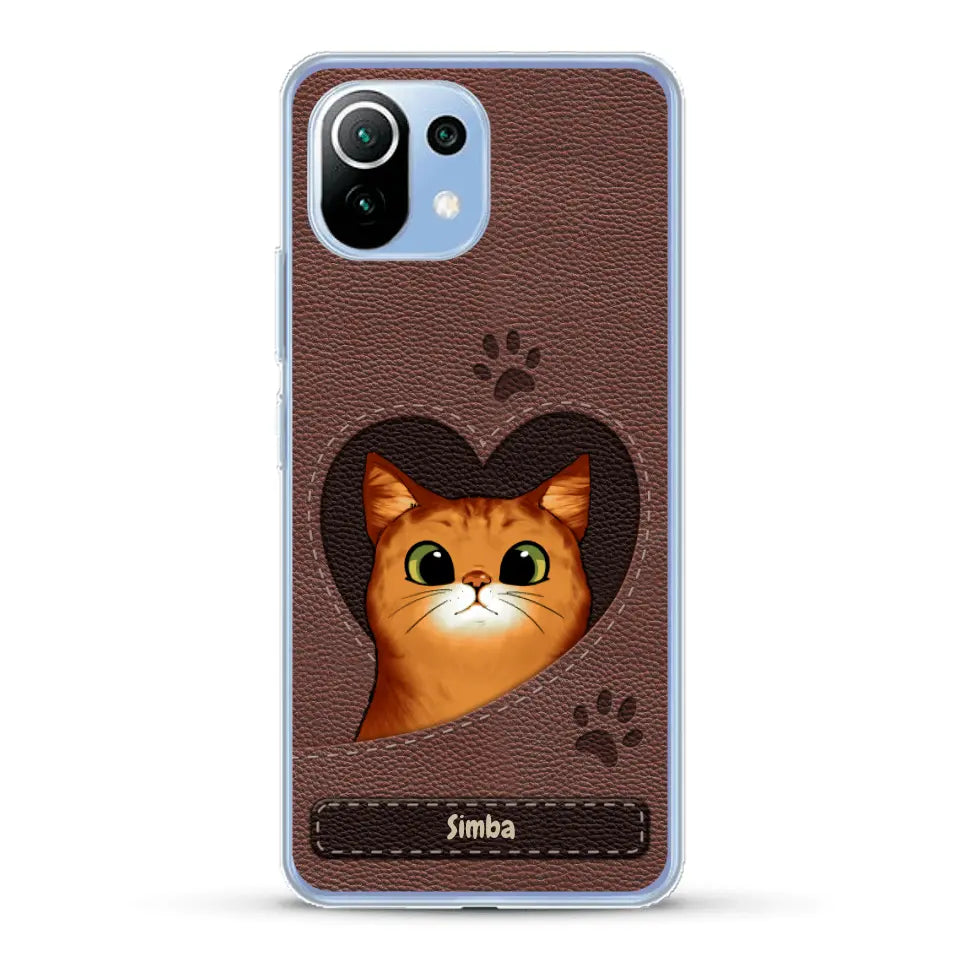 Cat heart leather look - Personalised Phone Case