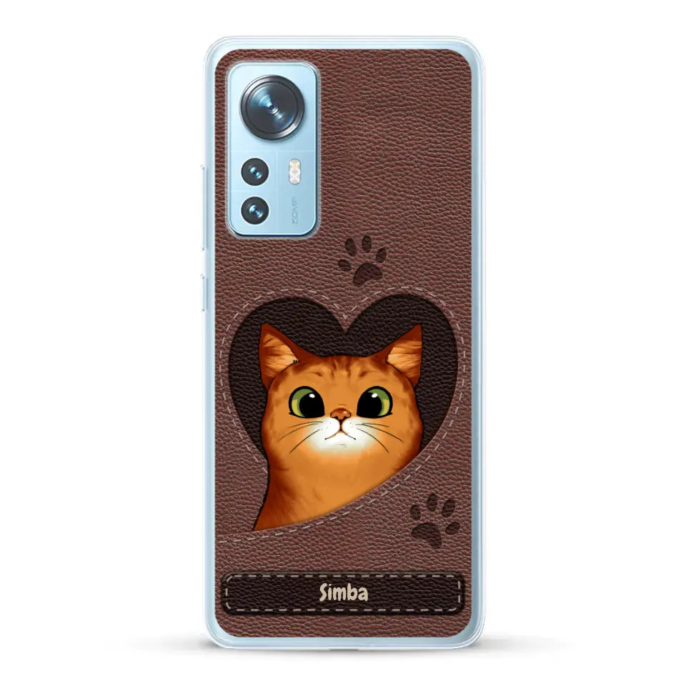 Cat heart leather look - Personalised Phone Case