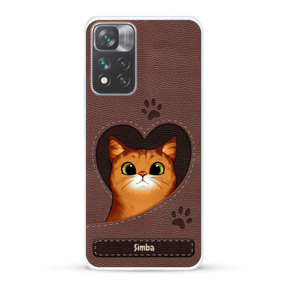 Cat heart leather look - Personalised Phone Case