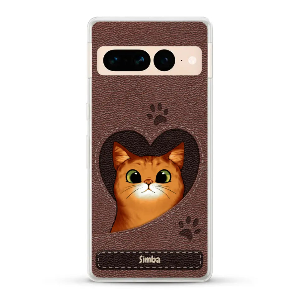 Cat heart leather look - Personalised Phone Case