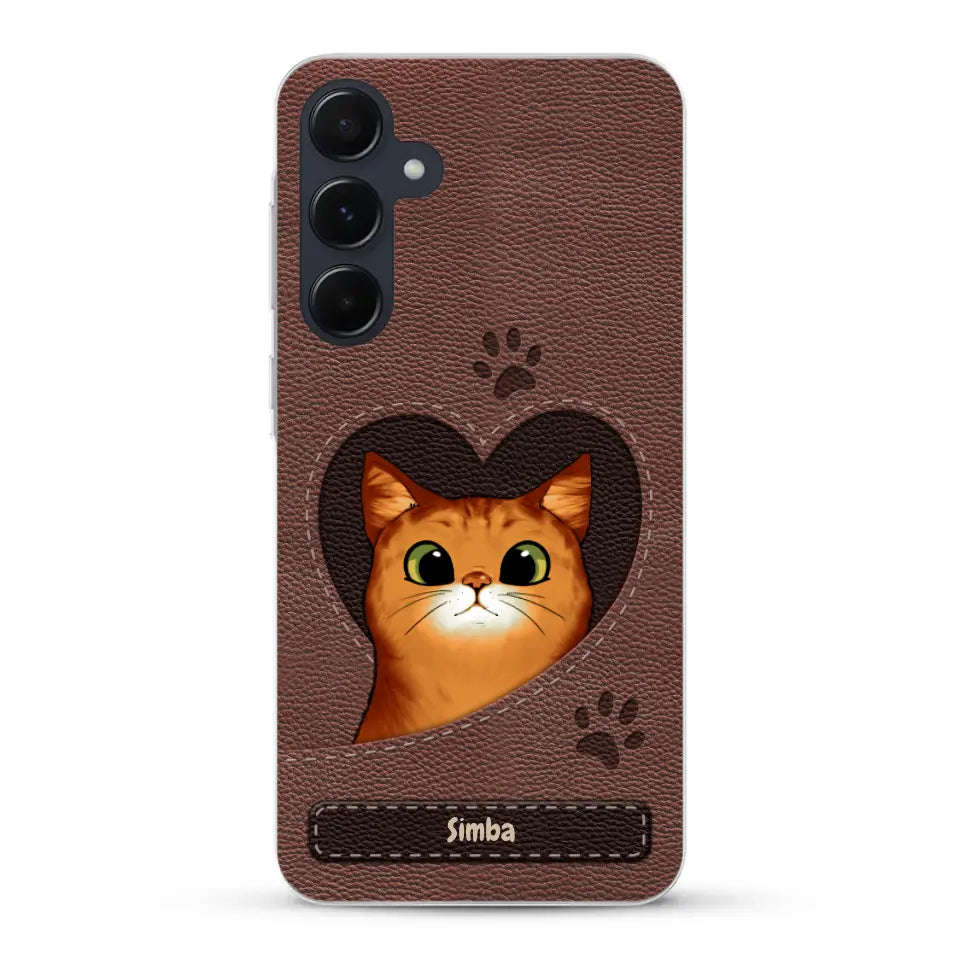 Cat heart leather look - Personalised Phone Case