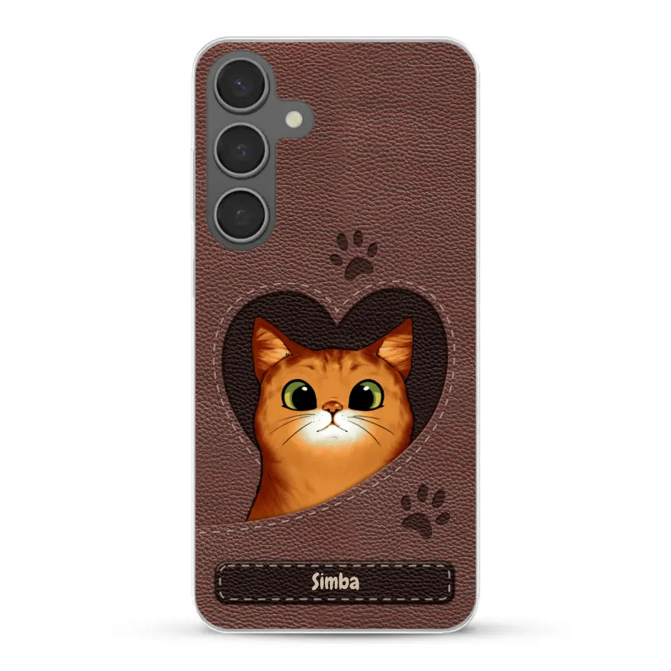 Cat heart leather look - Personalised Phone Case