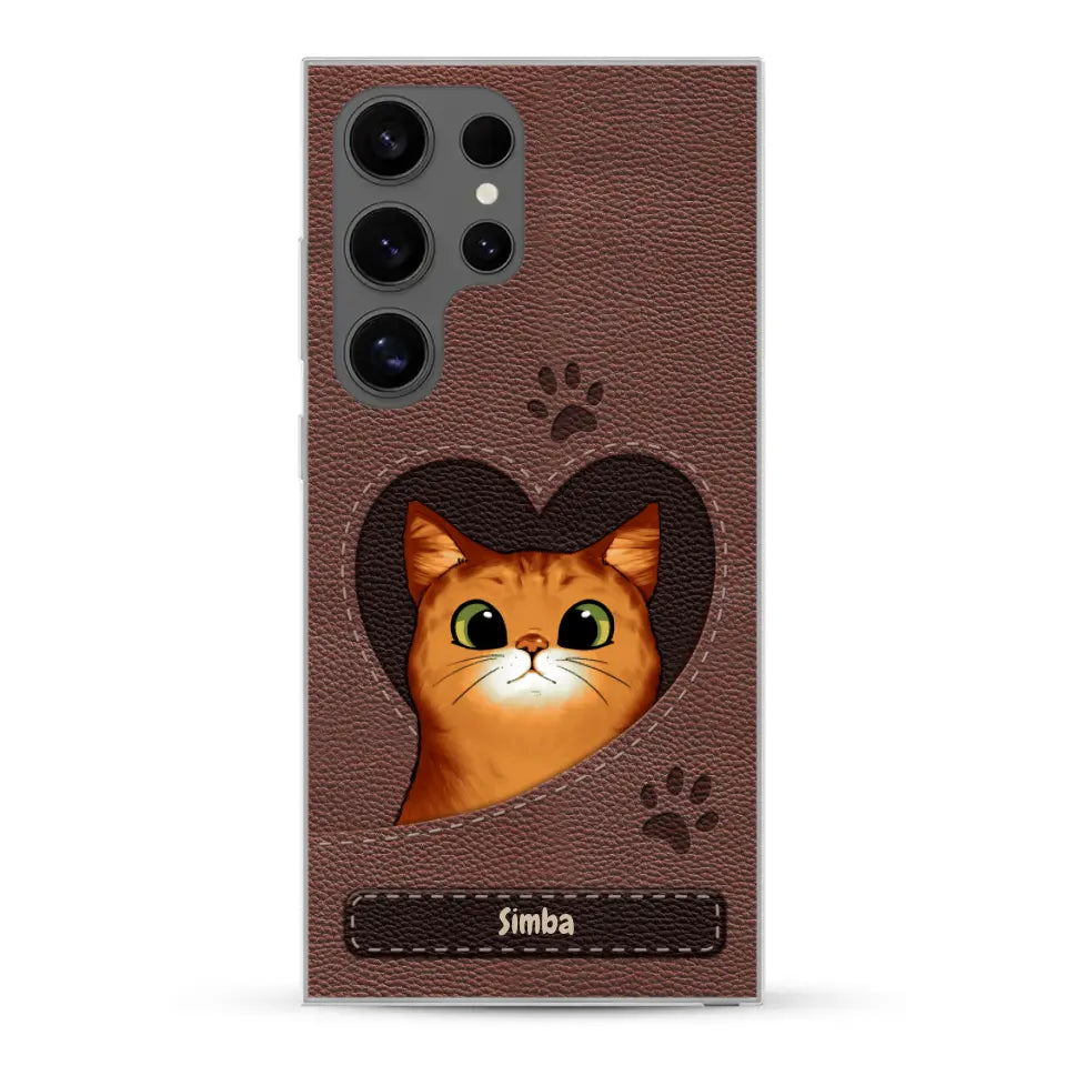 Cat heart leather look - Personalised Phone Case