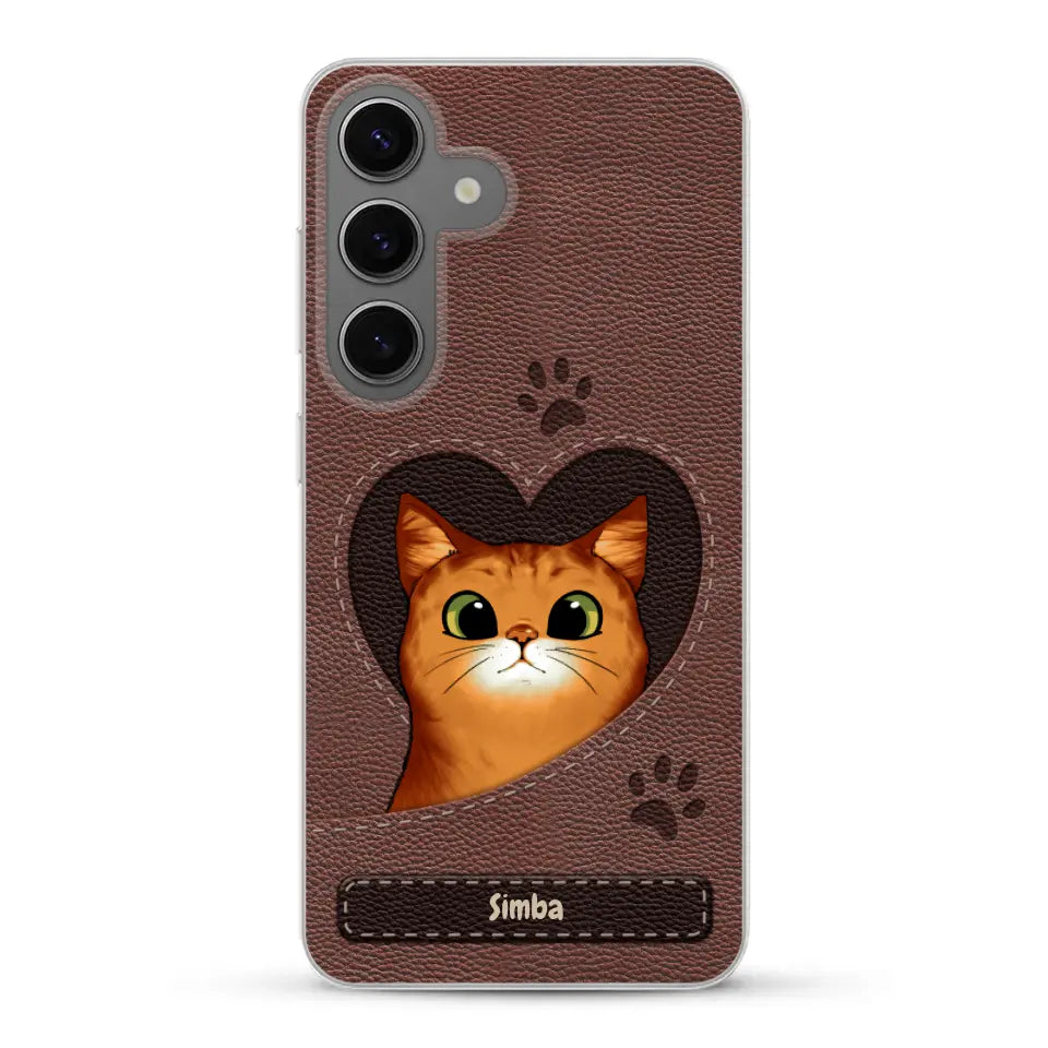 Cat heart leather look - Personalised Phone Case