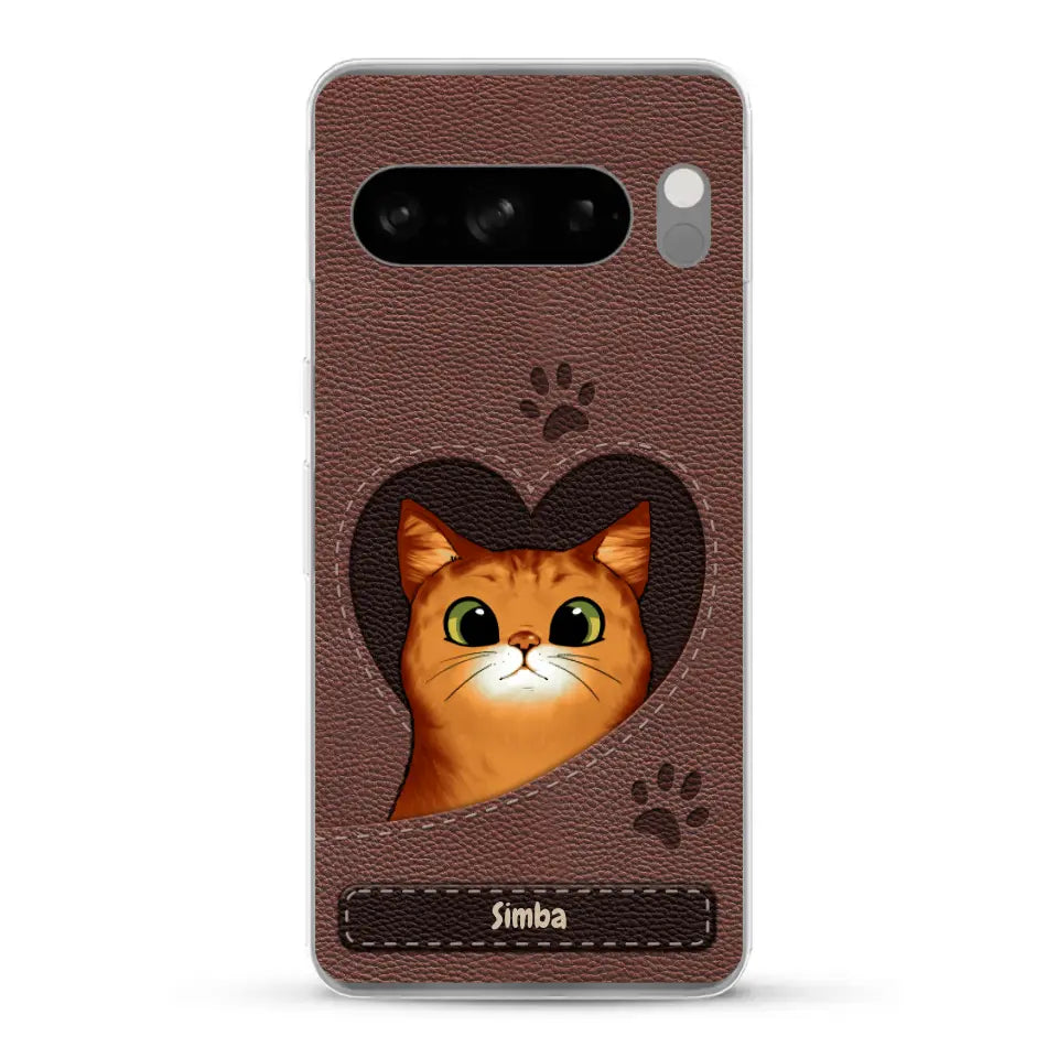 Cat heart leather look - Personalised Phone Case