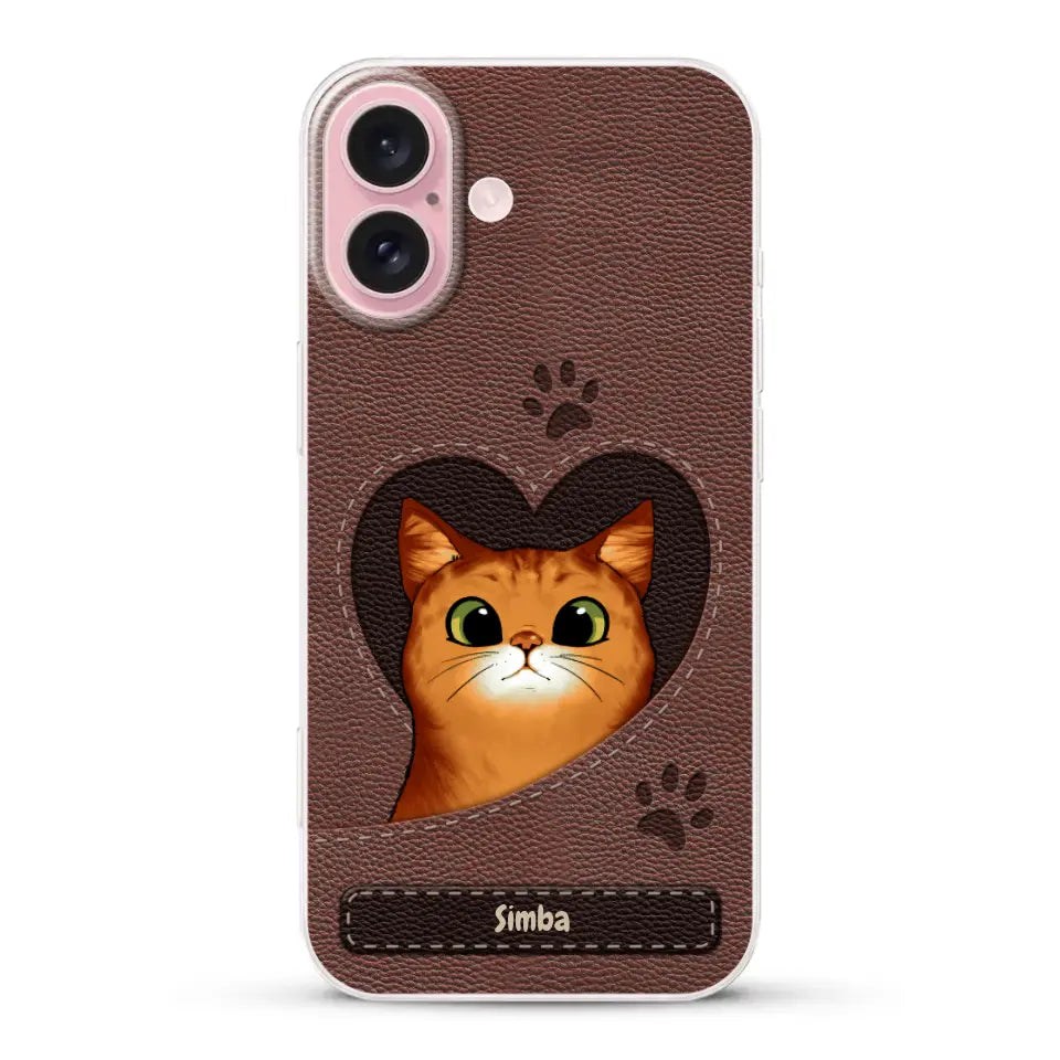 Cat heart leather look - Personalised Phone Case