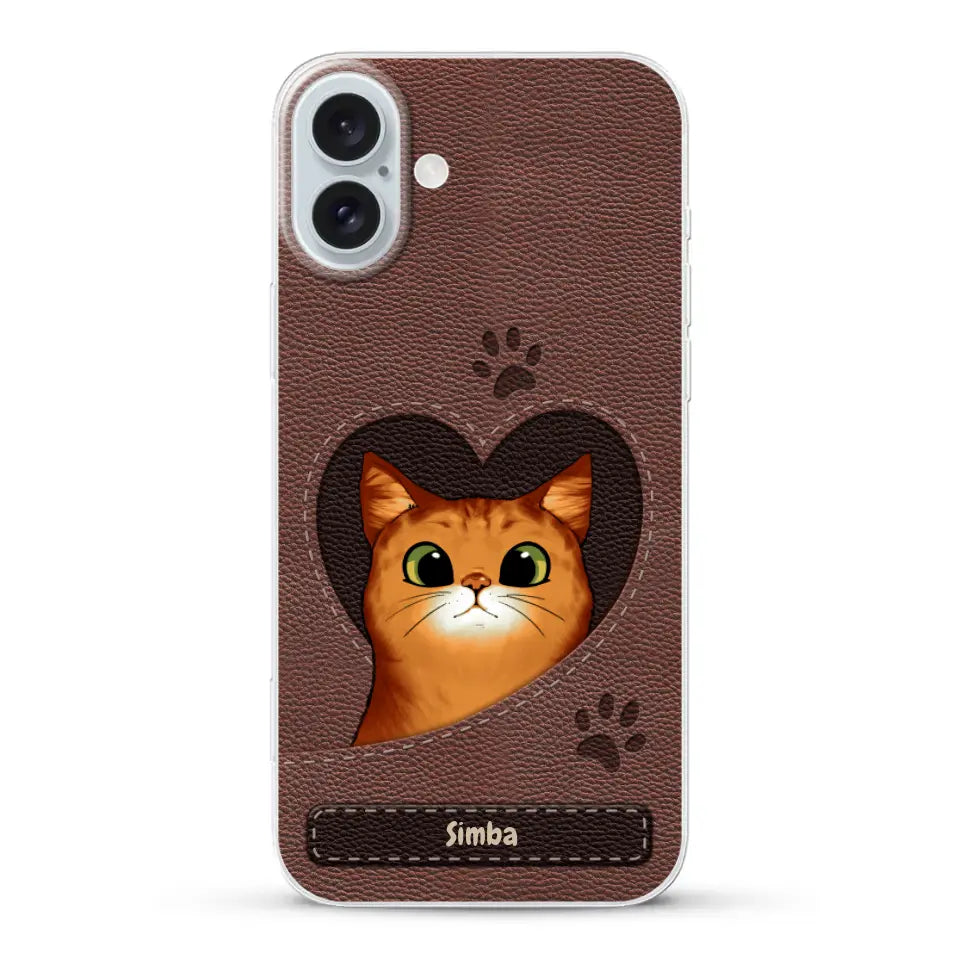 Cat heart leather look - Personalised Phone Case