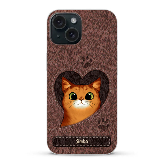 Cat heart leather look - Personalised Phone Case