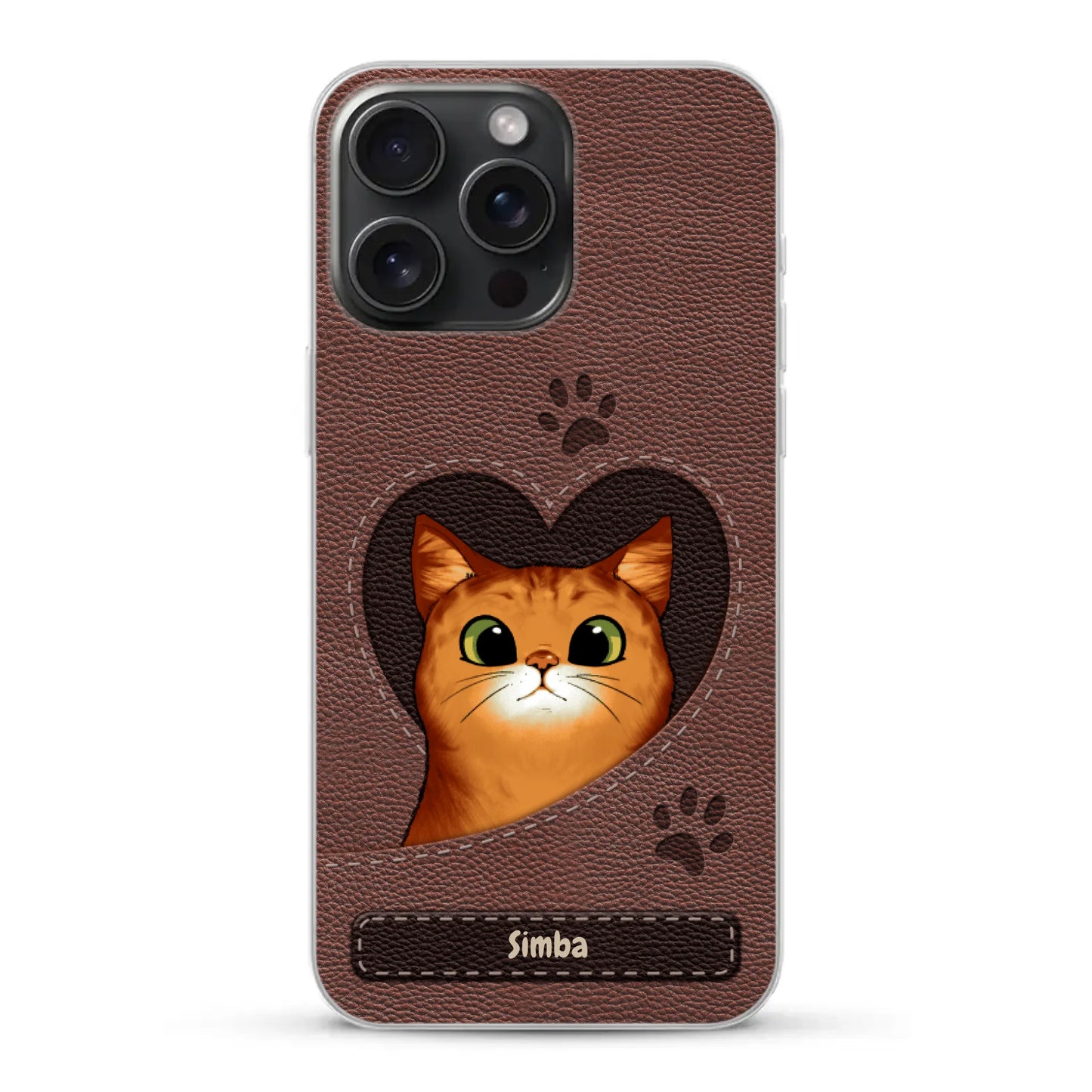 Cat heart leather look - Personalised Phone Case