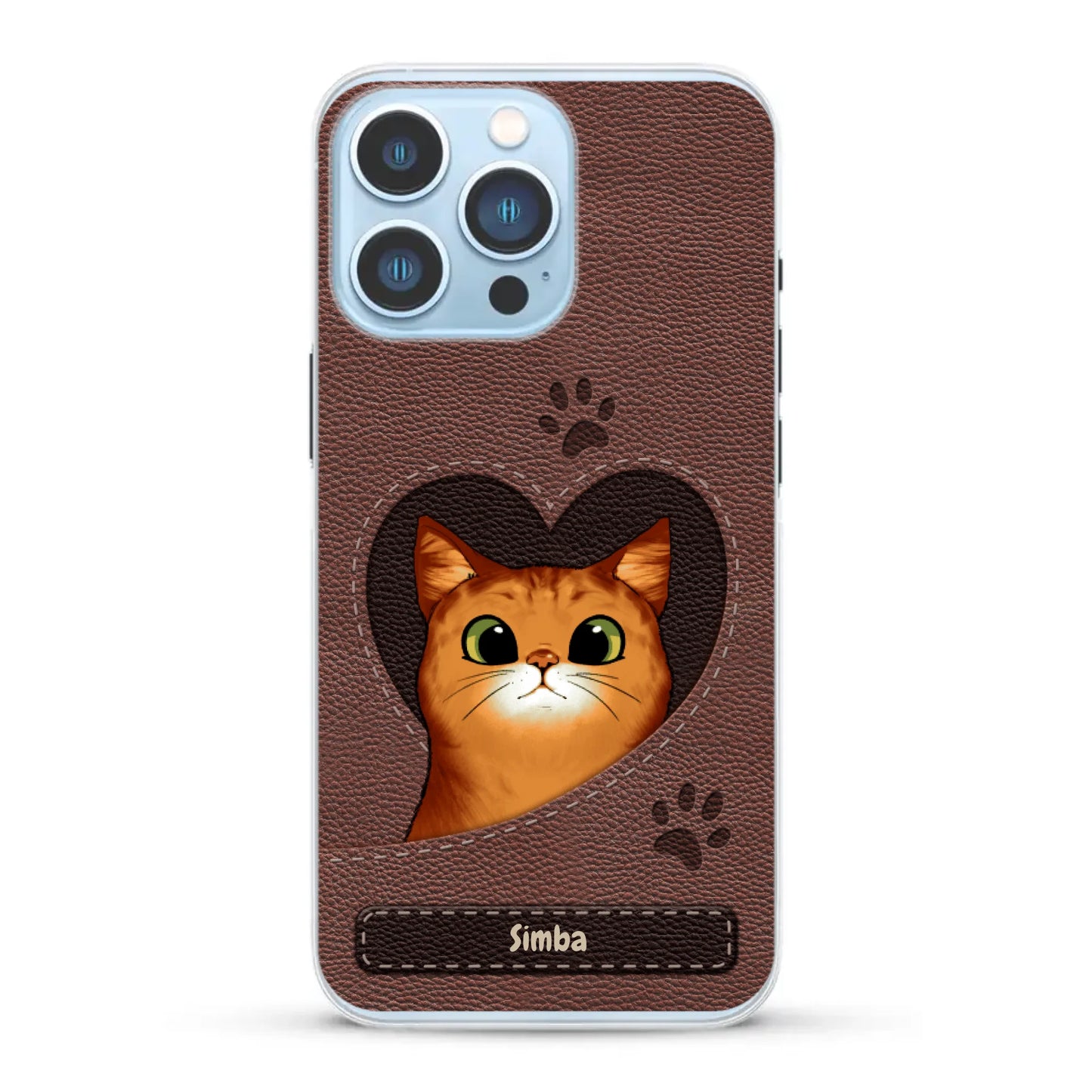 Cat heart leather look - Personalised Phone Case
