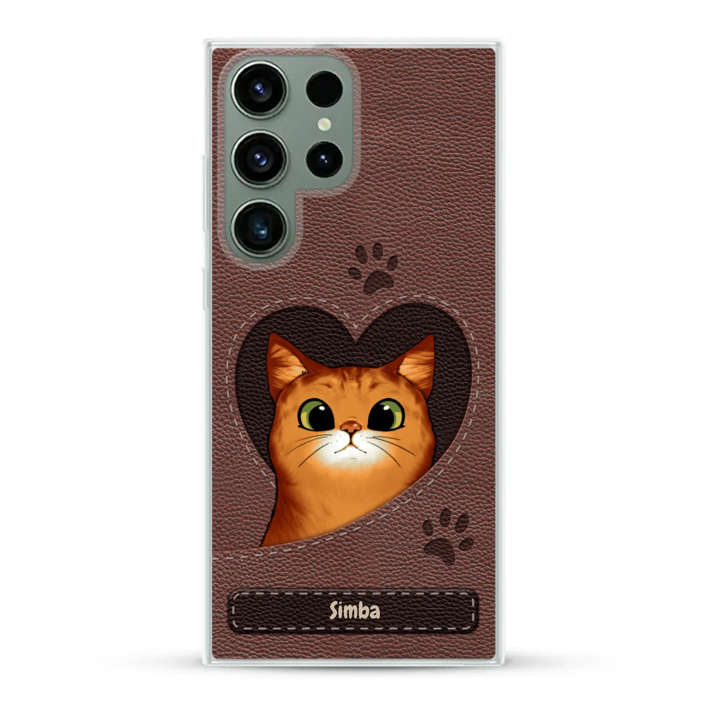 Cat heart leather look - Personalised Phone Case