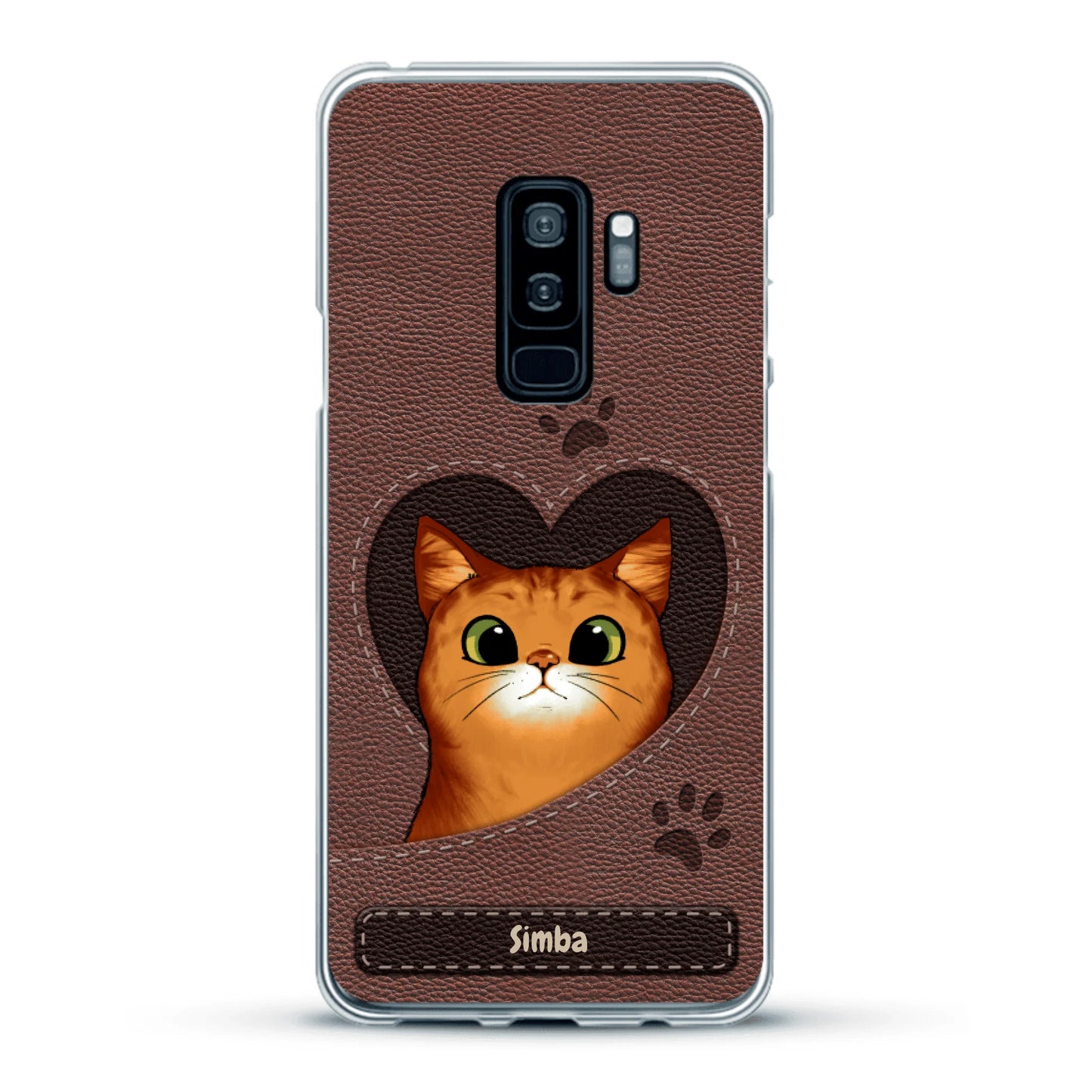 Cat heart leather look - Personalised Phone Case