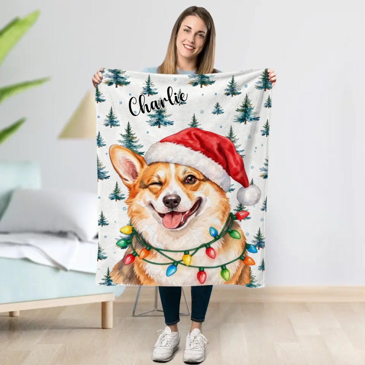 Personalised Blanket - Hand Drawn Christmas Santa Dog