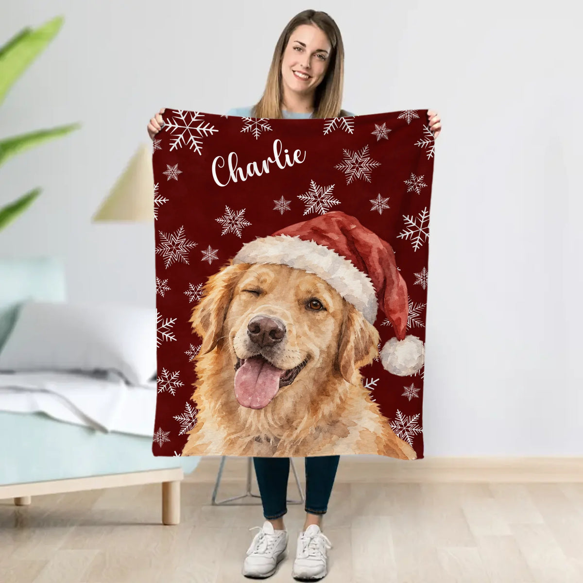 Personalised Blanket - Christmas Snowflake Dog Portrait