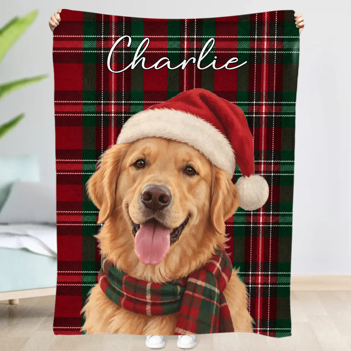 Personalised Blanket - Buffalo Plaid Christmas Dog Portrait