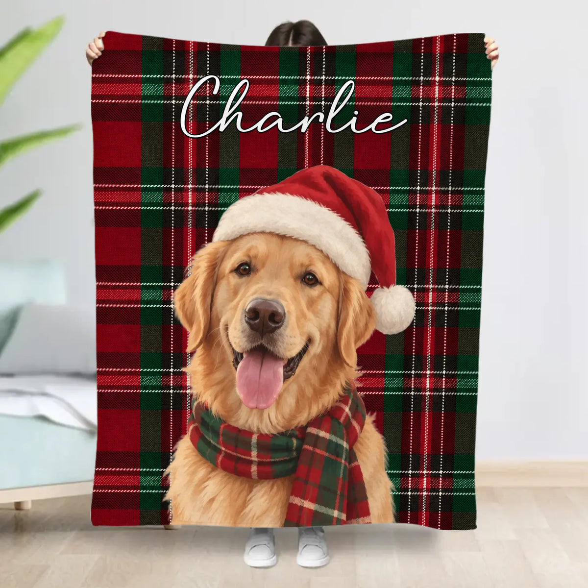 Personalised Blanket - Buffalo Plaid Christmas Dog Portrait
