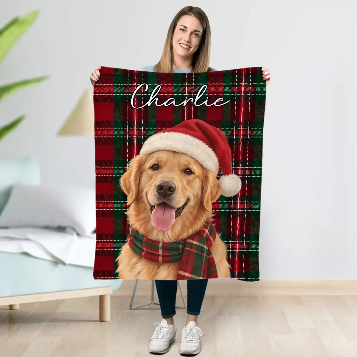 Personalised Blanket - Buffalo Plaid Christmas Dog Portrait