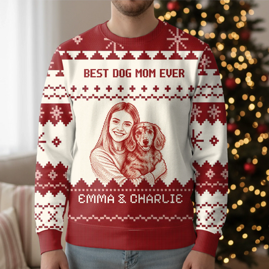 Personalised Ugly Christmas Sweater - Knit Line Art Christmas Best Dog Mom Ever
