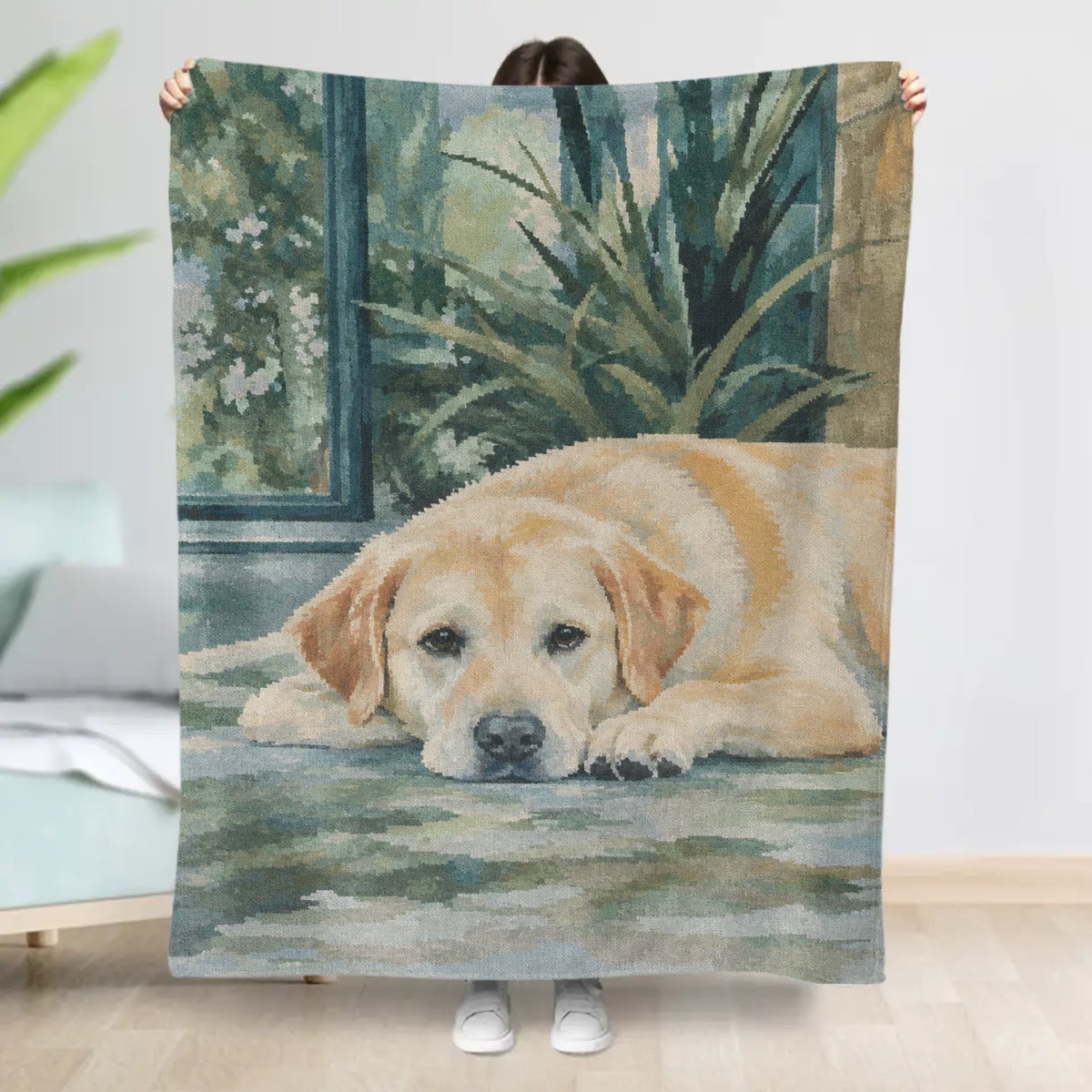 Personalised Blanket - Watercolour Woven Pet in Sunlit Conservatory